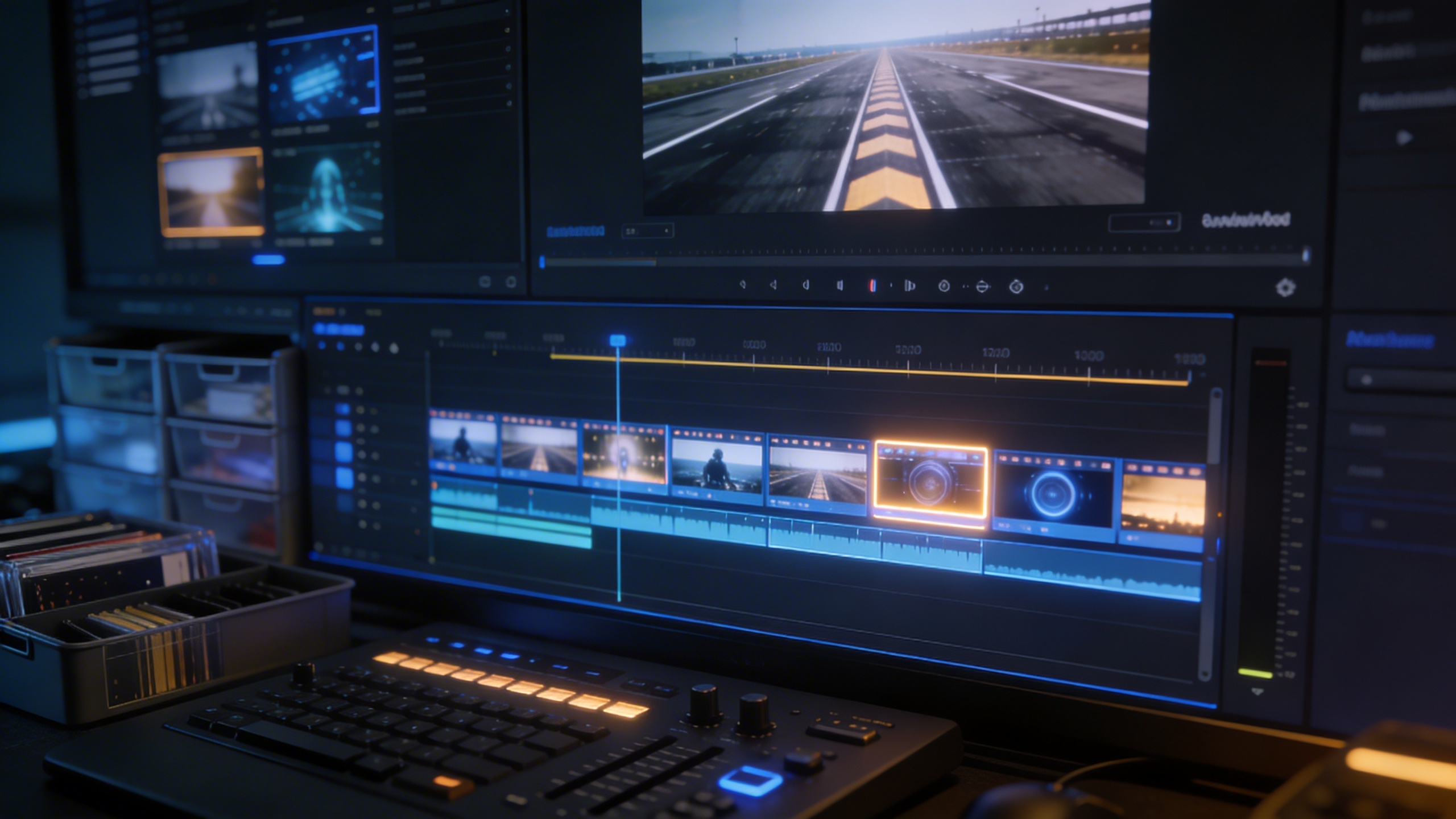 AI video generation workflow on a professional editing workstation with cinematic timeline interface and AI-generated video clips