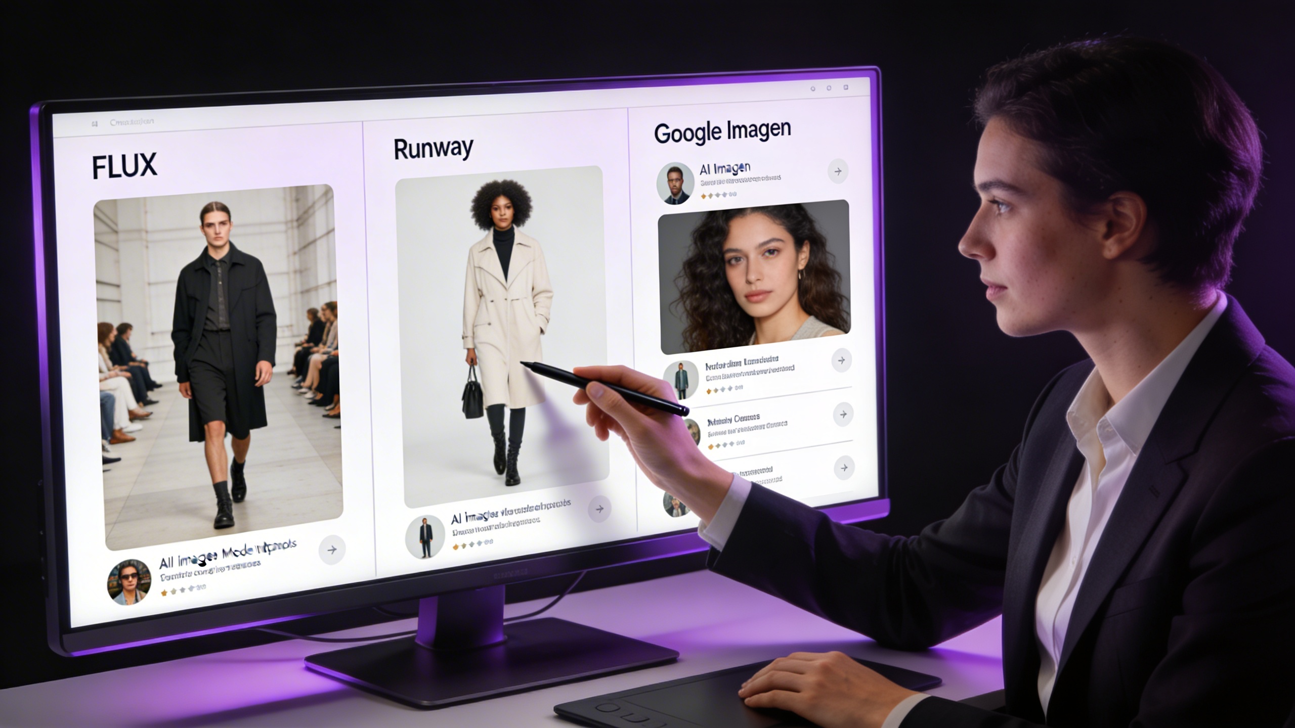 Creative professional comparing multiple AI model outputs side by side on a large monitor in a dark studio with purple accent lighting