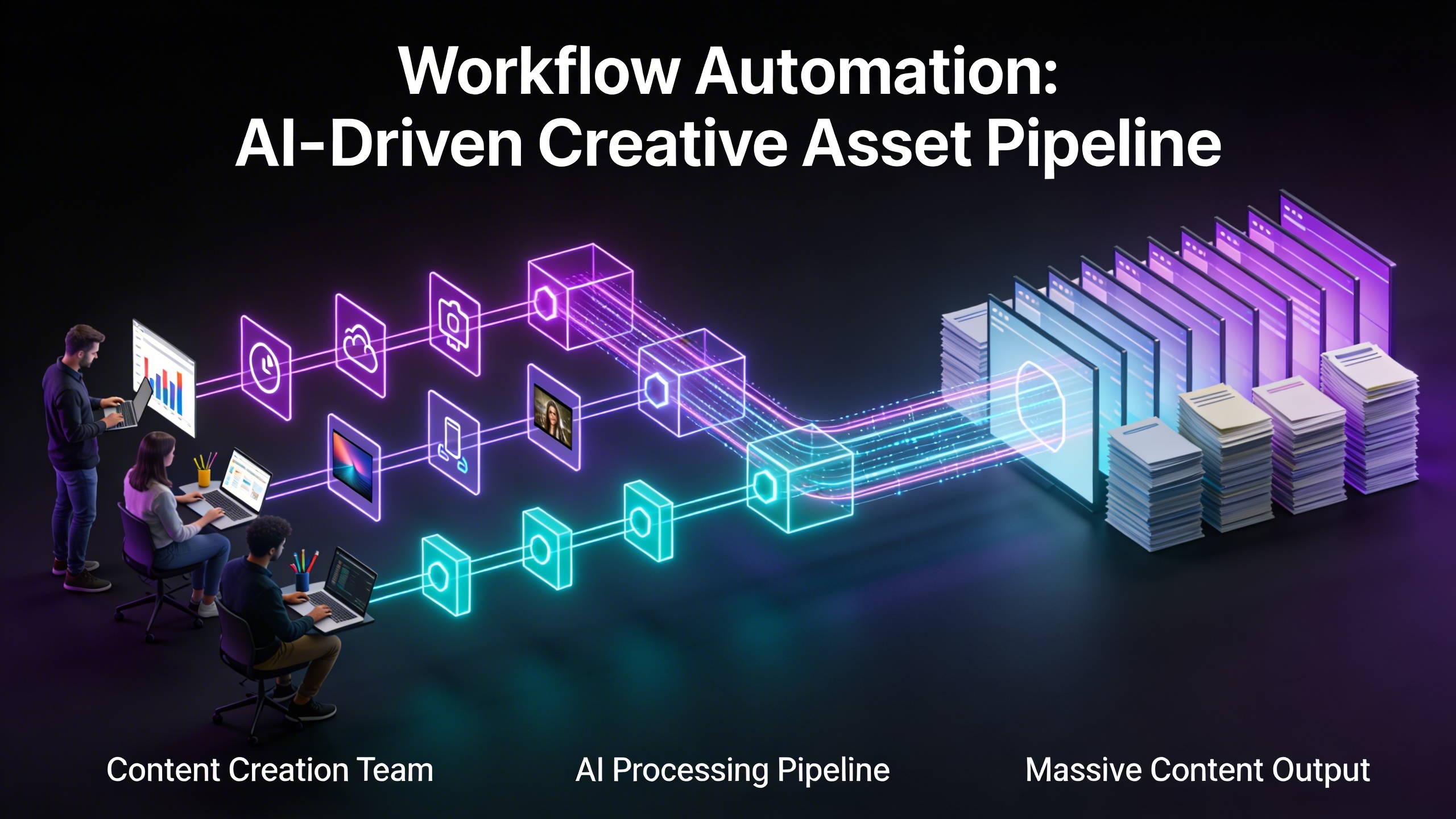 A dynamic visualization of an AI-powered creative production pipeline showing content flowing from brief through generation to delivery